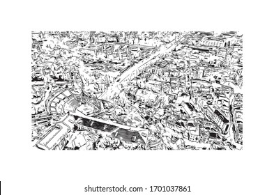 Building view with landmark of Plovdiv is an ancient city built around 7 hills, in southern Bulgaria. Hand drawn sketch illustration in vector.