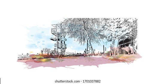 Building view with landmark of Plovdiv is an ancient city built around 7 hills, in southern Bulgaria. Watercolor splash with Hand drawn sketch illustration in vector.