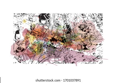 Vista de edificio con punto de referencia de Plovdiv es una antigua ciudad construida alrededor de 7 colinas, en el sur de Bulgaria. Sacudida de color de agua con ilustración de esbozo dibujada a mano en vector.