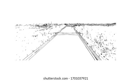 Vista de edificio con punto de referencia de Plovdiv es una antigua ciudad construida alrededor de 7 colinas, en el sur de Bulgaria. Dibujo dibujado a mano en vector.