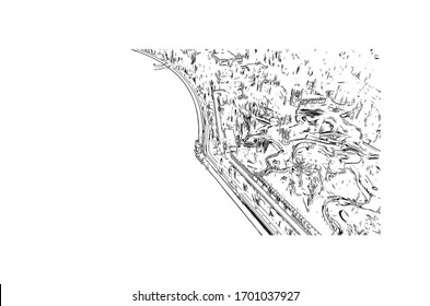 Building view with landmark of Plovdiv is an ancient city built around 7 hills, in southern Bulgaria. Hand drawn sketch illustration in vector.
