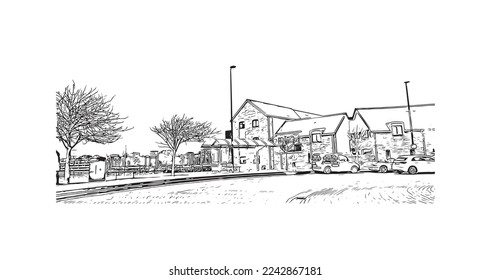 Building view with landmark of Plymouth is the city in England. Hand drawn sketch illustration in vector.