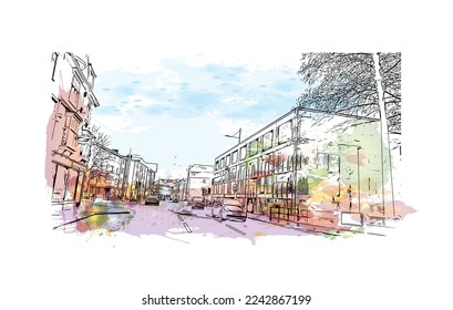 Building view with landmark of Plymouth is the city in England. Watercolor splash with Hand drawn sketch illustration in vector.
