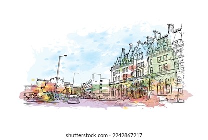 Building view with landmark of Plymouth is the city in England. Watercolor splash with Hand drawn sketch illustration in vector.