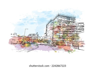Building view with landmark of Plymouth is the city in England. Watercolor splash with Hand drawn sketch illustration in vector.