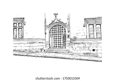 Building view with landmark of Poitiers is a city in western France. Hand drawn sketch illustration in vector.