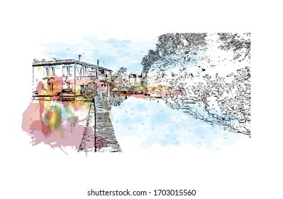 Building view with landmark of Poitiers is a city in western France. Watercolor splash with Hand drawn sketch illustration in vector.