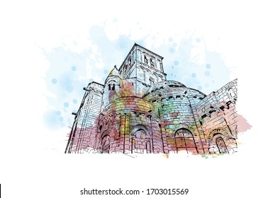 Building view with landmark of Poitiers is a city in western France. Watercolor splash with Hand drawn sketch illustration in vector.