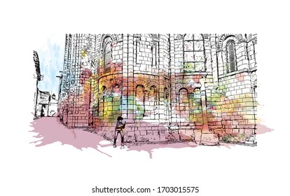 Building view with landmark of Poitiers is a city in western France. Watercolor splash with Hand drawn sketch illustration in vector.