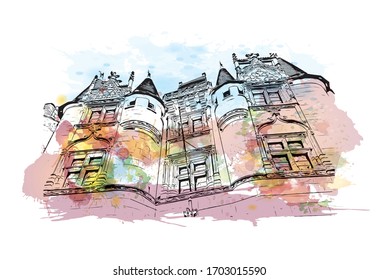Building view with landmark of Poitiers is a city in western France. Watercolor splash with Hand drawn sketch illustration in vector.