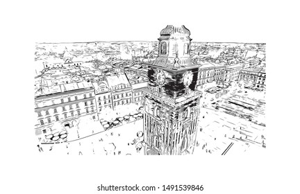 Building view with landmark of Poland, officially the Republic of Poland, is a country located in Central Europe. Hand drawn sketch illustration in vector.
