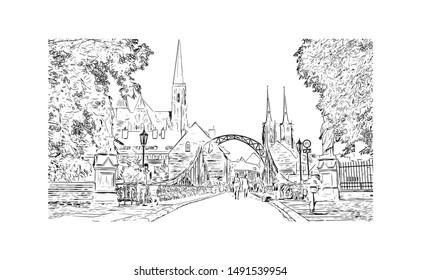 Building view with landmark of Poland, officially the Republic of Poland, is a country located in Central Europe. Hand drawn sketch illustration in vector.