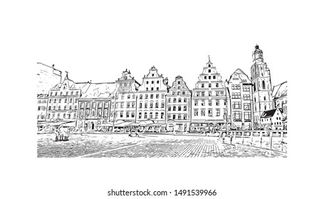 Building view with landmark of Poland, officially the Republic of Poland, is a country located in Central Europe. Hand drawn sketch illustration in vector.