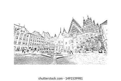 Building view with landmark of Poland, officially the Republic of Poland, is a country located in Central Europe. Hand drawn sketch illustration in vector.