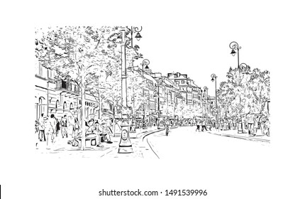 Building view with landmark of Poland, officially the Republic of Poland, is a country located in Central Europe. Hand drawn sketch illustration in vector.