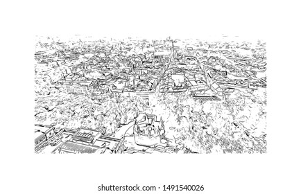 Building view with landmark of Poland, officially the Republic of Poland, is a country located in Central Europe. Hand drawn sketch illustration in vector.