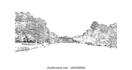 Building view with landmark of Poland, officially the Republic of Poland, is a country located in Central Europe. Hand drawn sketch illustration in vector.