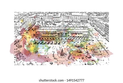Building view with landmark of Poland, officially the Republic of Poland, is a country located in Central Europe. Watercolor splash with Hand drawn sketch illustration in vector.
