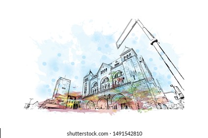 Building view with landmark of Poland, officially the Republic of Poland, is a country located in Central Europe. Watercolor splash with Hand drawn sketch illustration in vector.