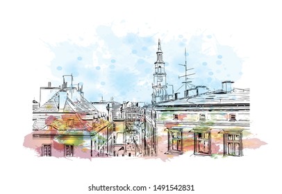 Building view with landmark of Poland, officially the Republic of Poland, is a country located in Central Europe. Watercolor splash with Hand drawn sketch illustration in vector.