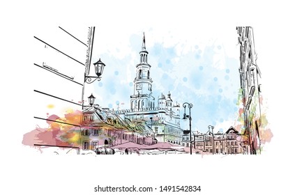 Building view with landmark of Poland, officially the Republic of Poland, is a country located in Central Europe. Watercolor splash with Hand drawn sketch illustration in vector.