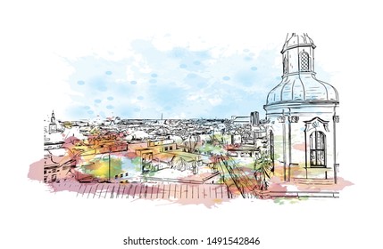 Building view with landmark of Poland, officially the Republic of Poland, is a country located in Central Europe. Watercolor splash with Hand drawn sketch illustration in vector.