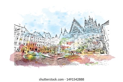 Building view with landmark of Poland, officially the Republic of Poland, is a country located in Central Europe. Watercolor splash with Hand drawn sketch illustration in vector.