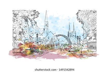 Building view with landmark of Poland, officially the Republic of Poland, is a country located in Central Europe. Watercolor splash with Hand drawn sketch illustration in vector.