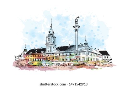 Building view with landmark of Poland, officially the Republic of Poland, is a country located in Central Europe. Watercolor splash with Hand drawn sketch illustration in vector.