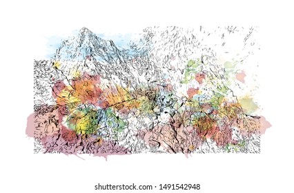 Building view with landmark of Poland, officially the Republic of Poland, is a country located in Central Europe. Watercolor splash with Hand drawn sketch illustration in vector.