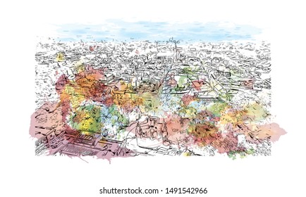 Building view with landmark of Poland, officially the Republic of Poland, is a country located in Central Europe. Watercolor splash with Hand drawn sketch illustration in vector.