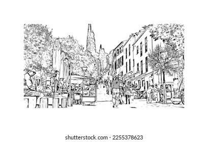 Building view with landmark of Pollenca is the 
town in  Spain. Hand drawn sketch illustration in vector.