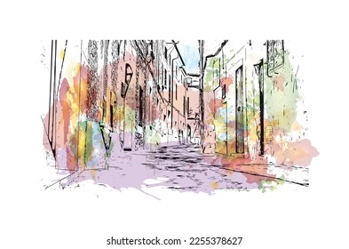 Building view with landmark of Pollenca is the 
town in  Spain. Watercolor splash with hand drawn sketch illustration in vector.