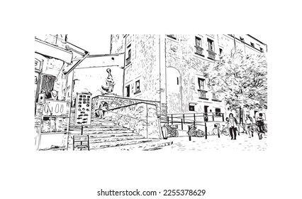 Building view with landmark of Pollenca is the 
town in  Spain. Hand drawn sketch illustration in vector.