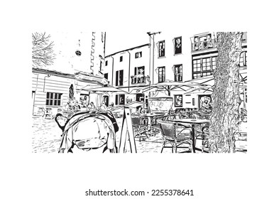 La vista de edificio con un punto de referencia de Pollenca es el 
ciudad de España. Dibujo a mano de ilustración de esbozo en vector.