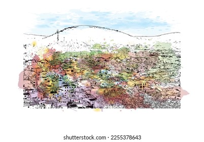 Building view with landmark of Pollenca is the 
town in  Spain. Watercolor splash with hand drawn sketch illustration in vector.