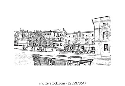 Building view with landmark of Pollenca is the 
town in  Spain. Hand drawn sketch illustration in vector.