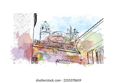 Der Ausblick auf das Gebäude mit Wahrzeichen von Pollenca ist der 
Stadt in Spanien. Aquarellspritzer mit handgezeichneter Skizzengrafik in Vektorgrafik.