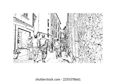 La vista de edificio con un punto de referencia de Pollenca es el 
ciudad de España. Dibujo a mano de ilustración de esbozo en vector.