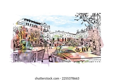 Building view with landmark of Pollenca is the 
town in  Spain. Watercolor splash with hand drawn sketch illustration in vector.