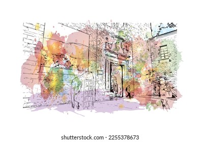 Building view with landmark of Pollenca is the 
town in  Spain. Watercolor splash with hand drawn sketch illustration in vector.