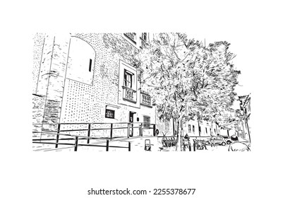 Building view with landmark of Pollenca is the 
town in  Spain. Hand drawn sketch illustration in vector.