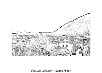 Building view with landmark of Pollenca is the 
town in  Spain. Hand drawn sketch illustration in vector.