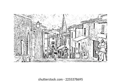 Building view with landmark of Pollenca is the 
town in  Spain. Hand drawn sketch illustration in vector.