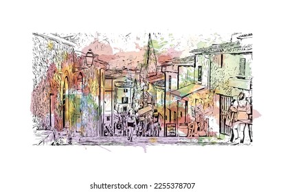 La vista de edificio con un punto de referencia de Pollenca es el 
ciudad de España. Salto de color de agua con ilustración de esbozo dibujada a mano en vector.