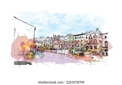 Building view with landmark of Pollenca is the 
town in  Spain. Watercolor splash with hand drawn sketch illustration in vector.