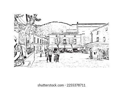 Building view with landmark of Pollenca is the 
town in  Spain. Hand drawn sketch illustration in vector.