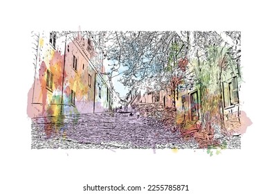 Der Ausblick auf das Gebäude mit Wahrzeichen von Pollenca ist der 
Stadt in Spanien. Aquarellspritzer mit handgezeichneter Skizzengrafik in Vektorgrafik.