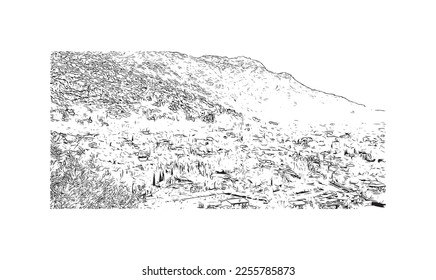 Building view with landmark of Pollenca is the 
town in  Spain. Hand drawn sketch illustration in vector.