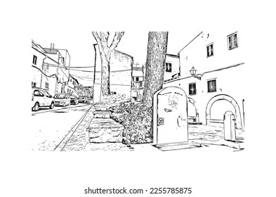 Building view with landmark of Pollenca is the 
town in  Spain. Hand drawn sketch illustration in vector.